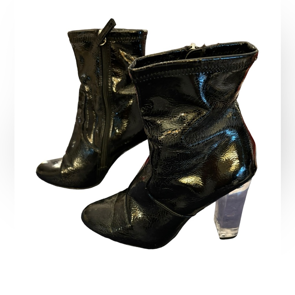 Steve Madden‎ Women’s Black Eminent Patent PU Leather Boots Lucite Heel Size 6.5